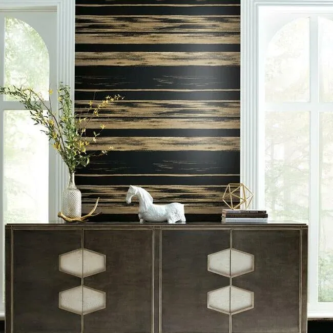 York Designer Series Horizontal Dry Brush Black & Gold Wallpaper - SKU KT2151