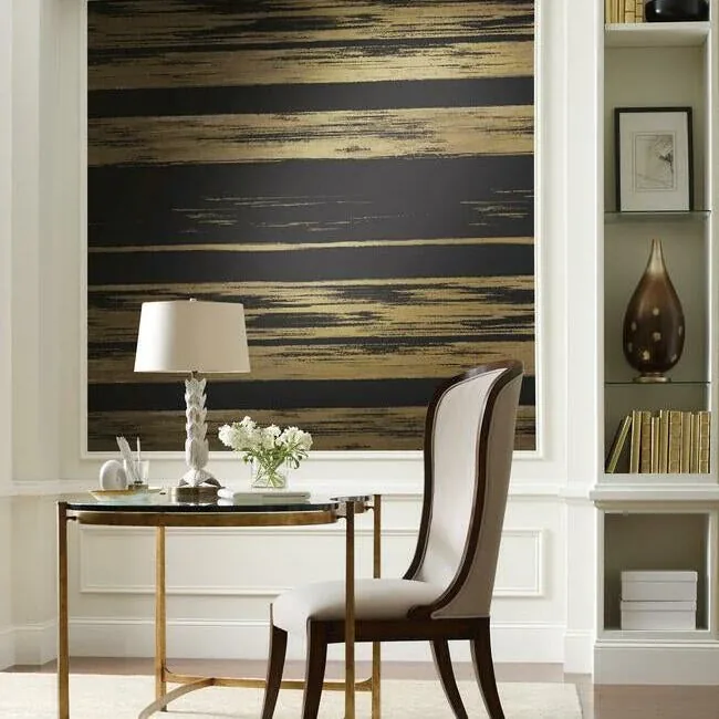 York Designer Series Horizontal Dry Brush Black & Gold Wallpaper - SKU KT2151