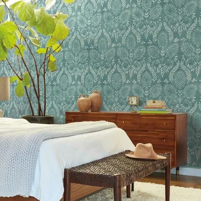 York Designer Series Laurel Damask Teal Wallpaper | Wallpaper Twins York Designer Series Laurel Damask Teal Wallpaper - SKU BO6735