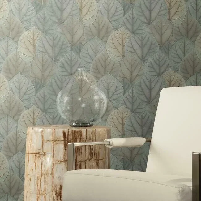 York Designer Series Leaf Concerto Blue & Taupe Wallpaper - SKU OS4244