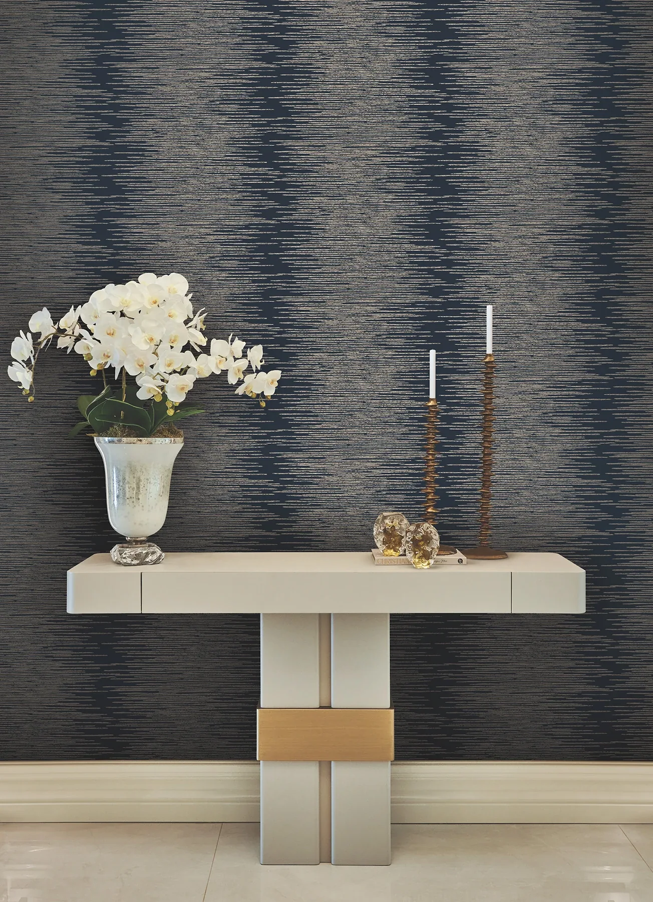 York Designer Series Operetta Navy Metallic Columns Wallpaper - SKU VR1503