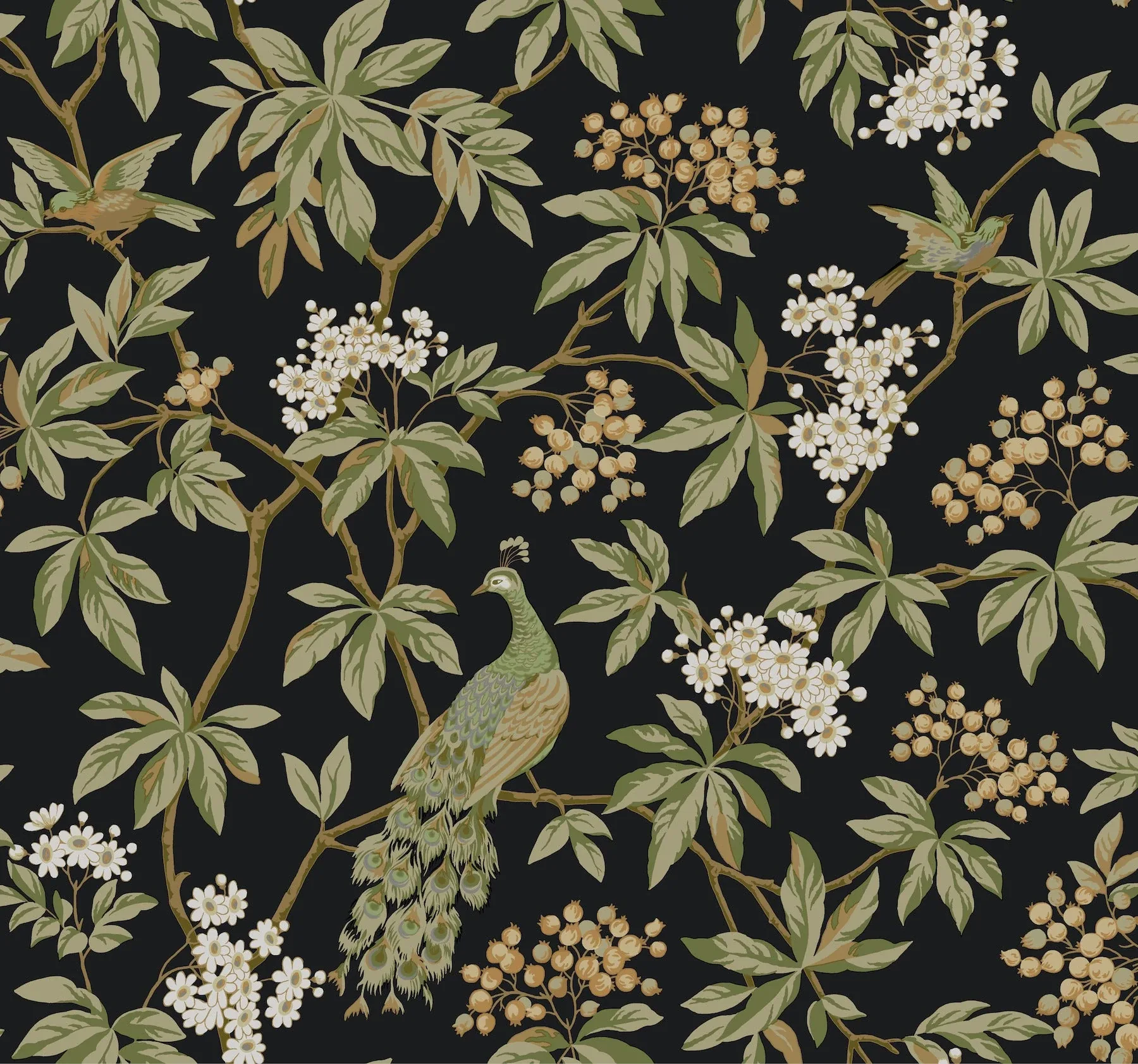 York Designer Series Peacock Estate Black Wallpaper - SKU MX9662