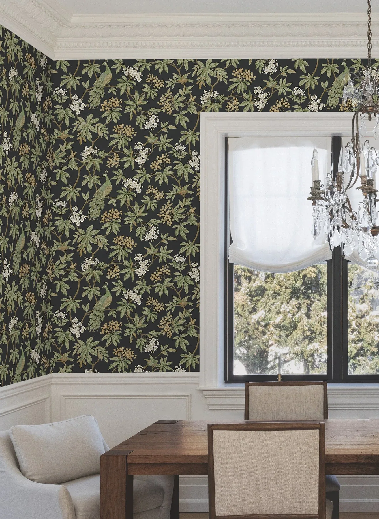 York Designer Series Peacock Estate Black Wallpaper - SKU MX9662