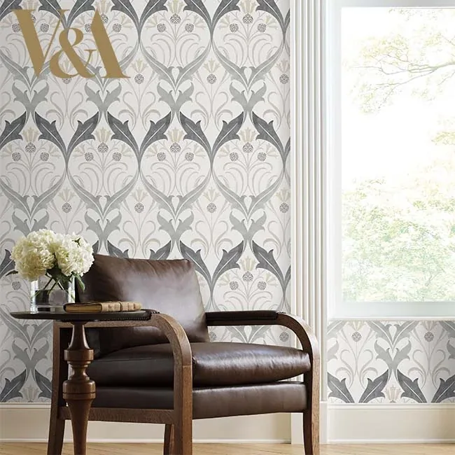York Designer Series Pine Cone Ribbon Charcoal Metallic Wallpaper | Wallpaper Twins York Designer Series Pine Cone Ribbon Charcoal Metallic Wallpaper - SKU AC9174