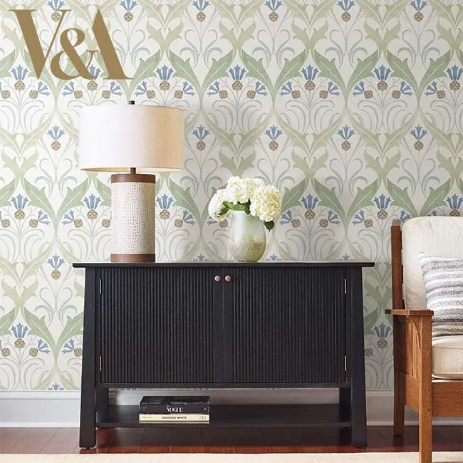 York Designer Series Pine Cone Ribbon Green & Blue Metallic Wallpaper - SKU AC9173