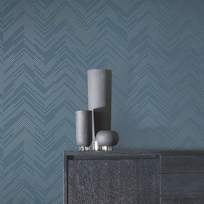 York Designer Series Polished Chevron Blue & Silver Wallpaper - SKU MD7224