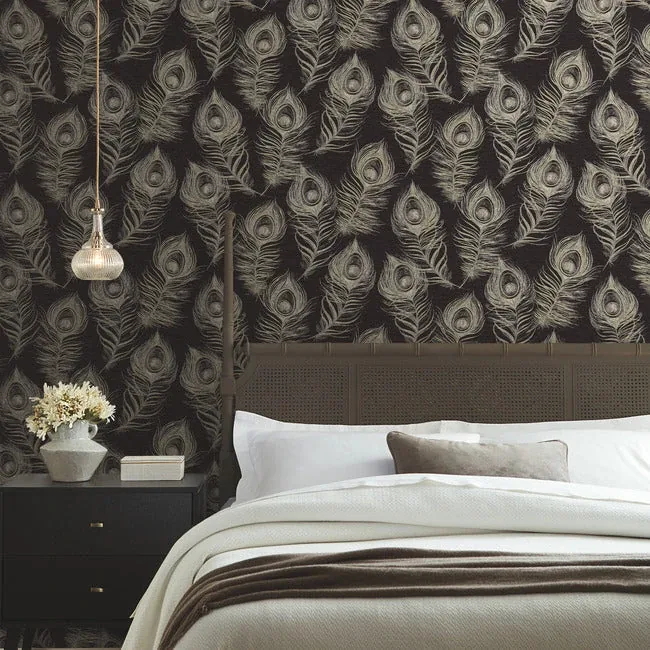 York Designer Series Regal Peacock Black Wallpaper - SKU EV3942