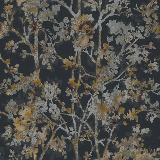 NW3580 | Shimmering Foliage Black Wallpaper