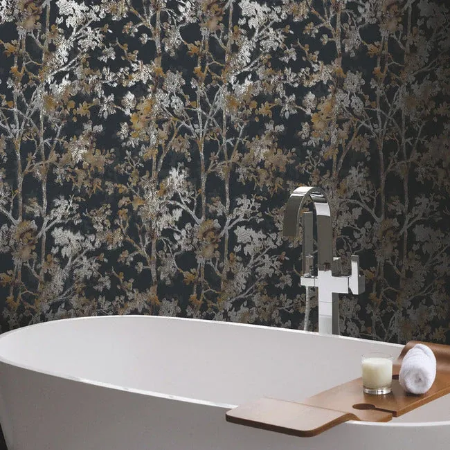York Designer Series Shimmering Foliage Black Wallpaper | Wallpaper Twins York Designer Series Shimmering Foliage Black Wallpaper - SKU NW3580