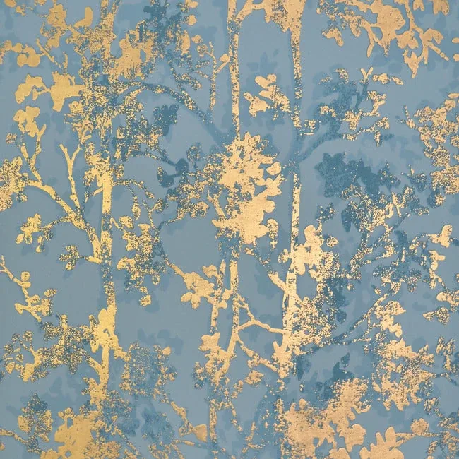 NW3581 | Shimmering Foliage Blue & Gold Wallpaper