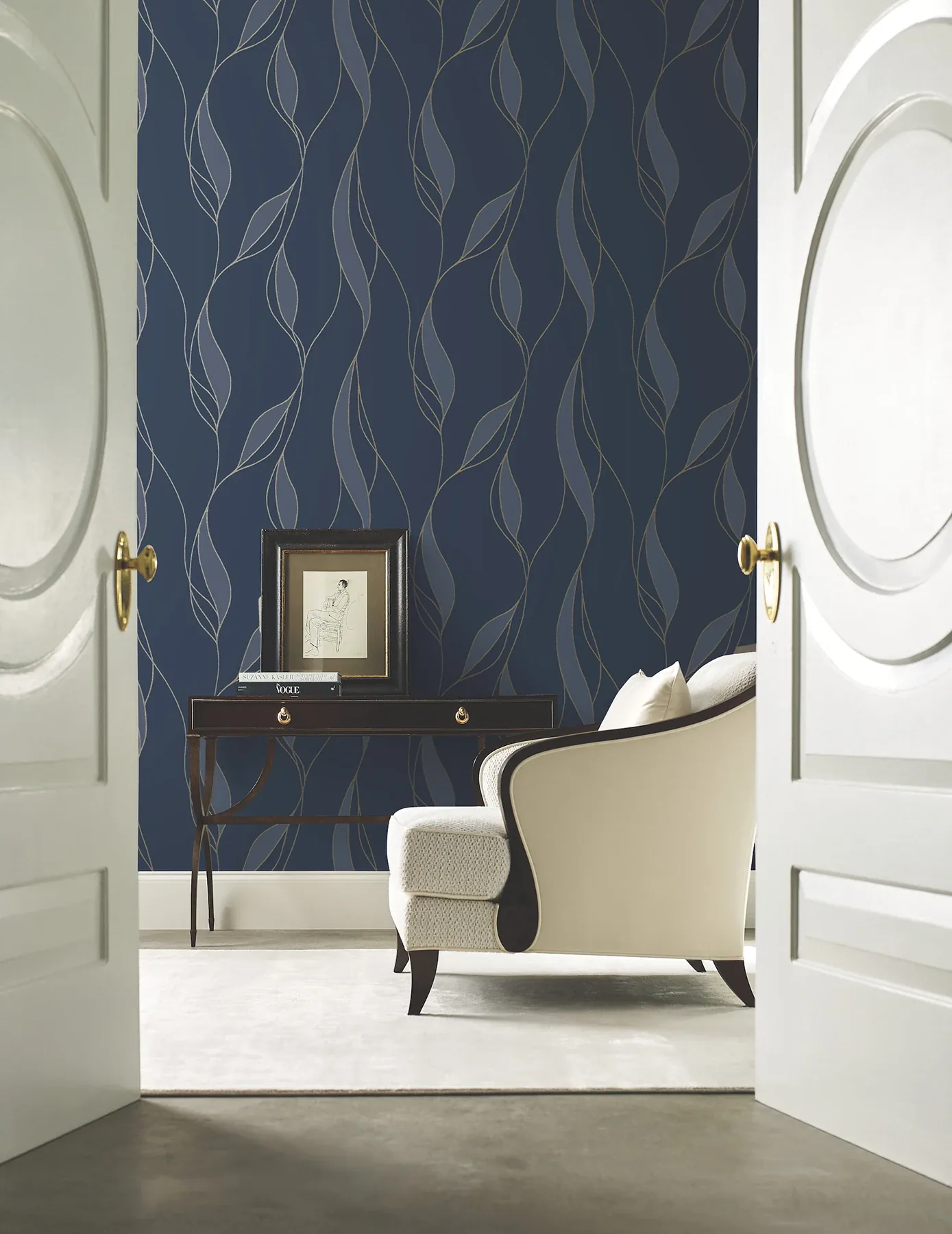 York Designer Series Society Hill Navy Abstract Leaf Wallpaper - SKU VR1548