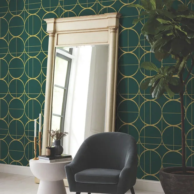 York Designer Series Sun Circles Emerald & Gold Wallpaper - SKU MD7203
