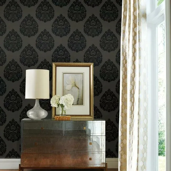 York Designer Series Teardrop Damask Black Wallpaper - SKU KT2144