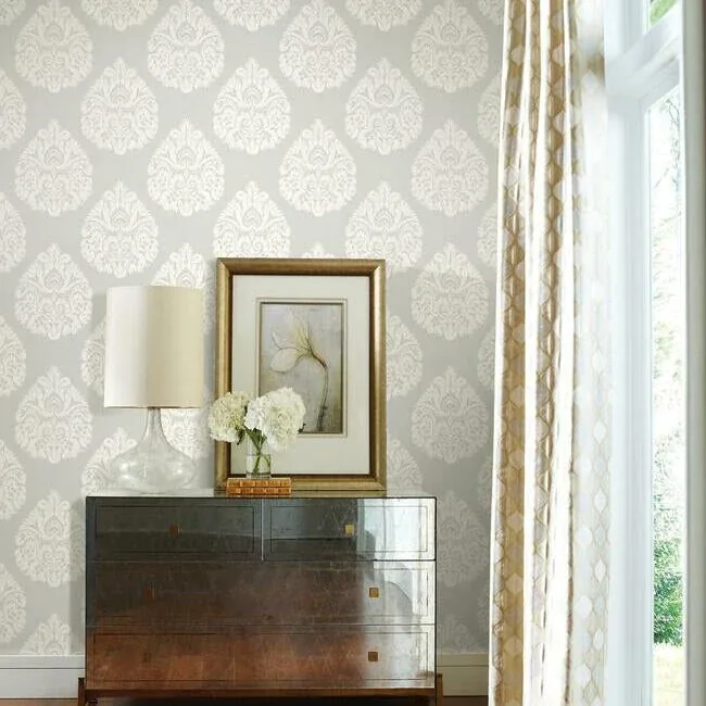 York Designer Series Teardrop Damask Light Grey Wallpaper - SKU KT2145