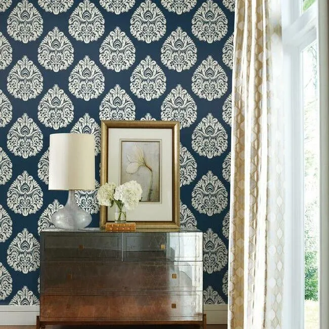 York Designer Series Teardrop Damask Navy Wallpaper - SKU KT2143