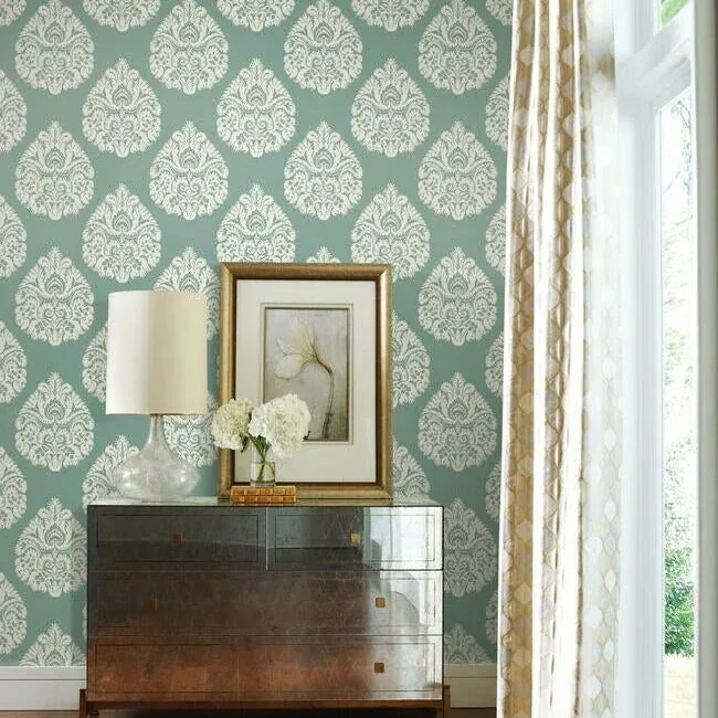York Designer Series Teardrop Damask Teal Wallpaper - SKU KT2146