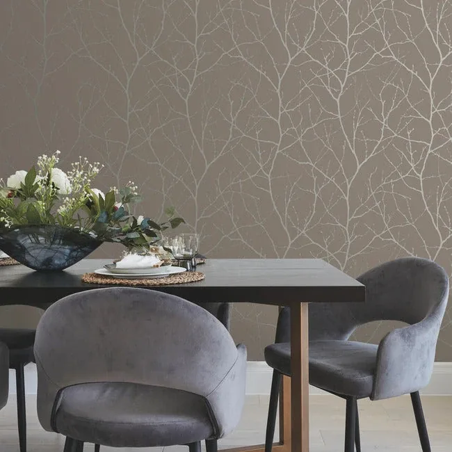 York Designer Series Trees Silhouette Mocha & Silver Wallpaper - SKU MD7121