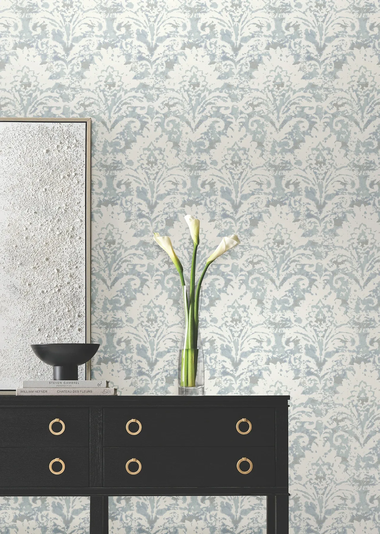 York Designer Series Velvet Crush Damask Blue & Pearl Wallpaper | Wallpaper Twins York Designer Series Velvet Crush Damask Blue & Pearl Wallpaper - SKU DF3335