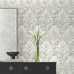 York Designer Series Velvet Crush Damask Soft Neutral & Pearl Wallpaper - SKU DF3333