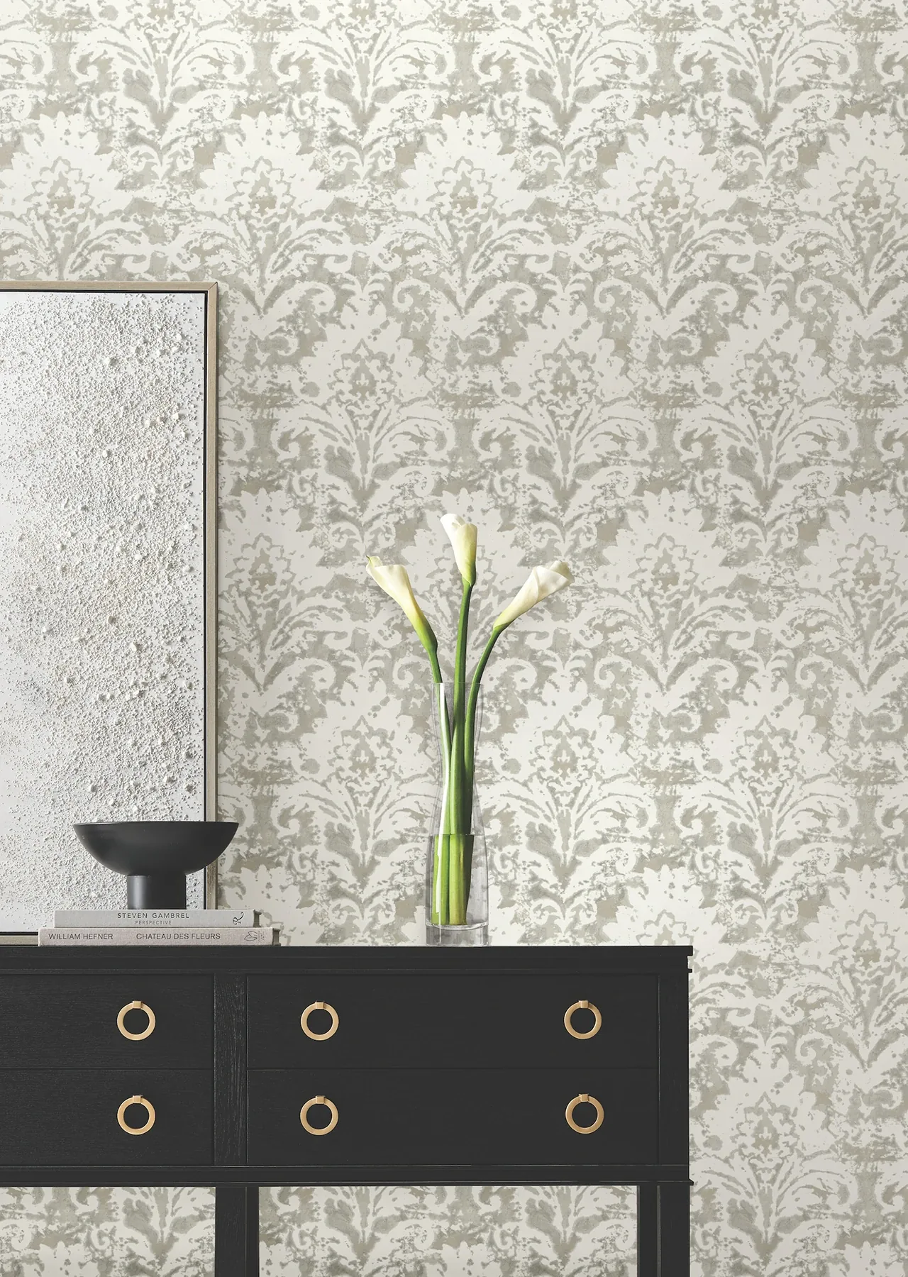 York Designer Series Velvet Crush Damask Soft Neutral & Pearl Wallpaper - SKU DF3333