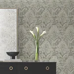 York Designer Series Velvet Crush Damask Taupe & Gold Wallpaper | Wallpaper Twins York Designer Series Velvet Crush Damask Taupe & Gold Wallpaper - SKU DF3331