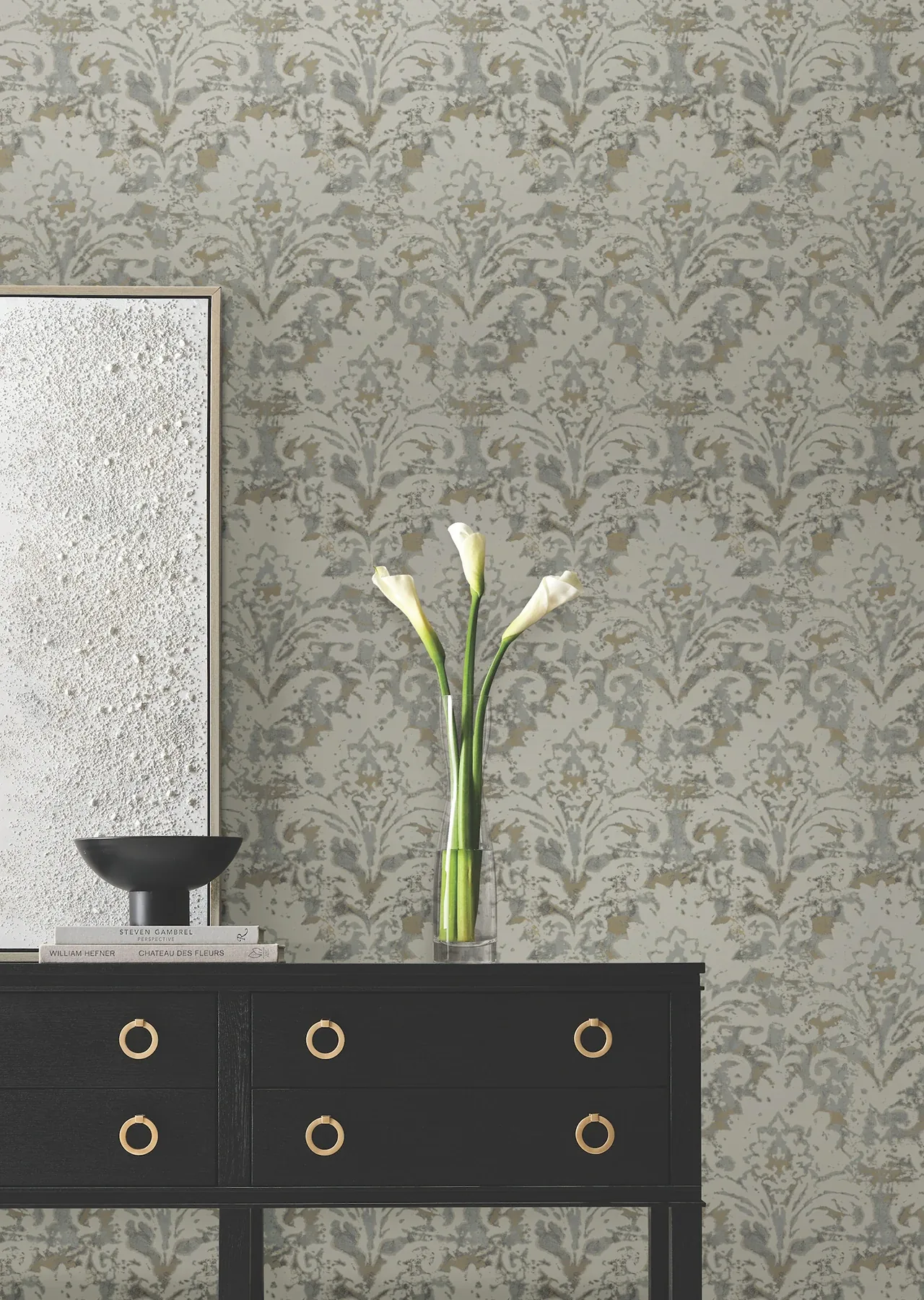 York Designer Series Velvet Crush Damask Taupe & Gold Wallpaper | Wallpaper Twins York Designer Series Velvet Crush Damask Taupe & Gold Wallpaper - SKU DF3331