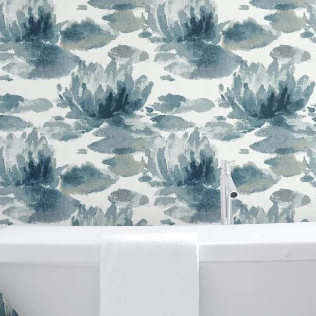 York Designer Series Water Lily Dark Blue Wallpaper - SKU NA0527