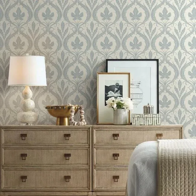 York Wallcoverings Adirondack Damask Blue & Beige Wallpaper | Wallpaper Twins York Wallcoverings Adirondack Damask Blue & Beige Wallpaper - SKU DM4922