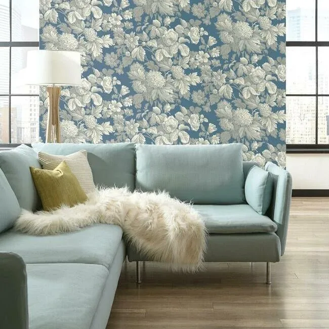 York Wallcoverings Antique Floral in Wedgewood Blue & Grey Wallpaper | Wallpaper Twins York Wallcoverings Antique Floral in Wedgewood Blue & Grey Wallpaper - SKU KC1845