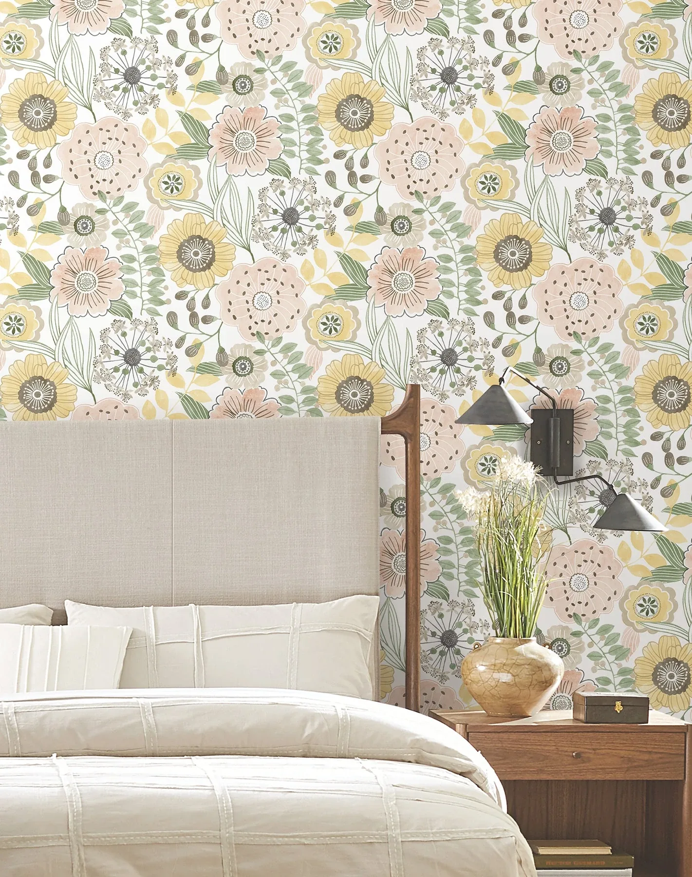 York Wallcoverings Artistic Bouquet Coral & Lemon Wallpaper | Wallpaper Twins York Wallcoverings Artistic Bouquet Coral & Lemon Wallpaper - SKU ZM2895