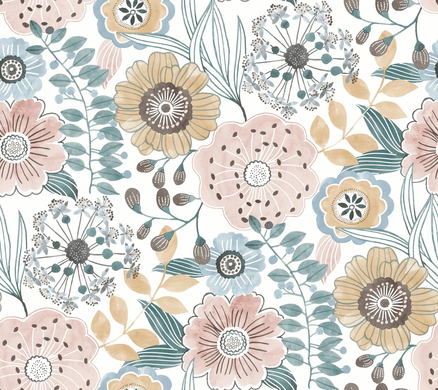York Wallcoverings Artistic Bouquet Ochre & Ocean Wallpaper - SKU ZM2891
