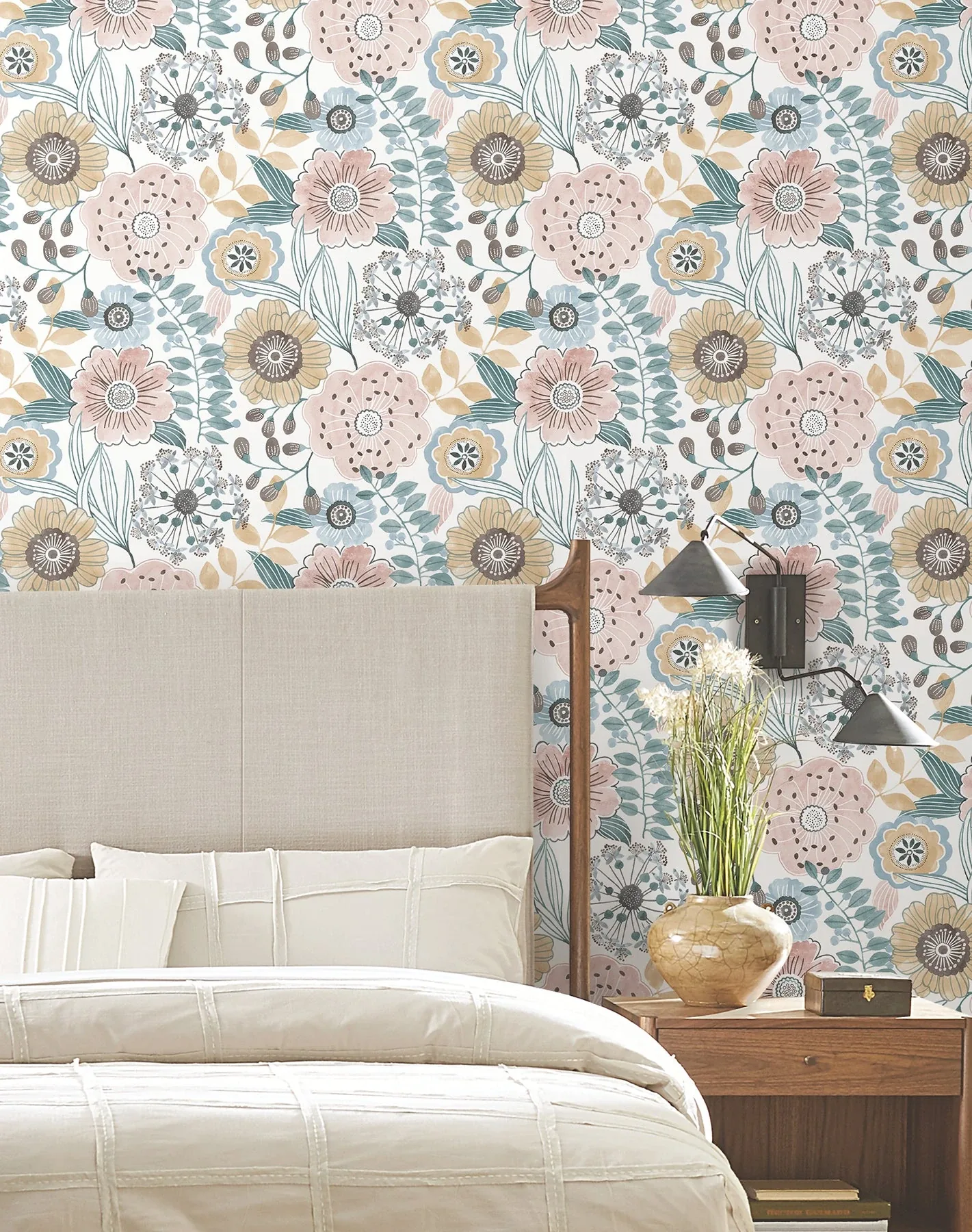 York Wallcoverings Artistic Bouquet Ochre & Ocean Wallpaper | Wallpaper Twins York Wallcoverings Artistic Bouquet Ochre & Ocean Wallpaper - SKU ZM2891