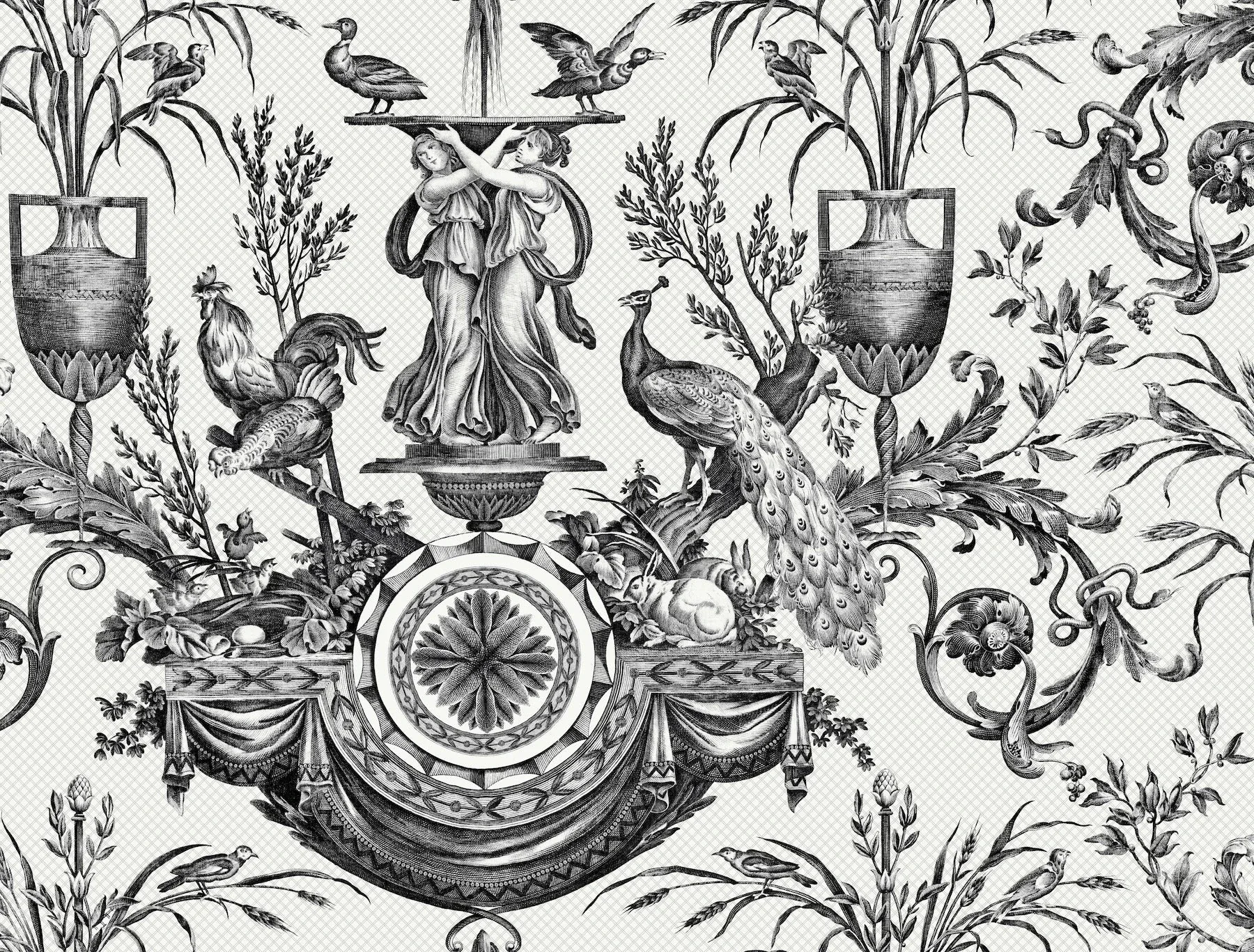 York Wallcoverings Avian Fountain Toile Black Wallpaper - SKU RT7813