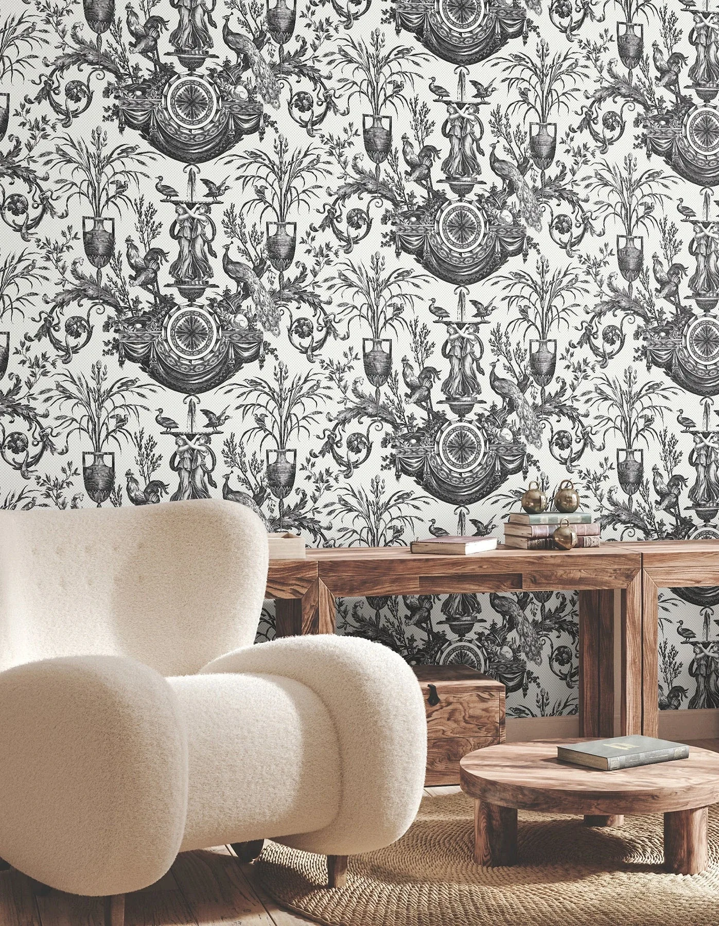 York Wallcoverings Avian Fountain Toile Black Wallpaper | Wallpaper Twins York Wallcoverings Avian Fountain Toile Black Wallpaper - SKU RT7813