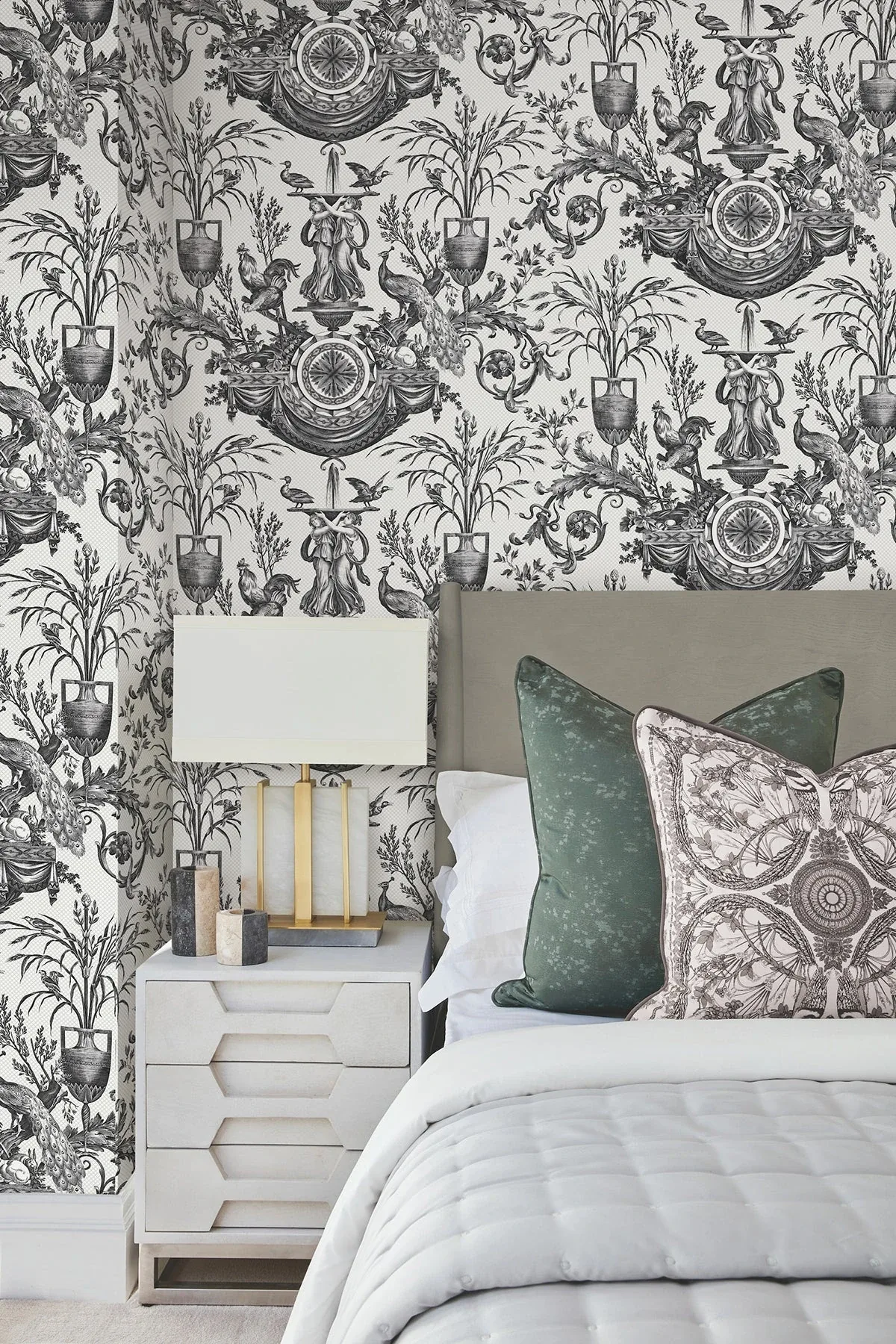 York Wallcoverings Avian Fountain Toile Black Wallpaper | Wallpaper Twins York Wallcoverings Avian Fountain Toile Black Wallpaper - SKU RT7813