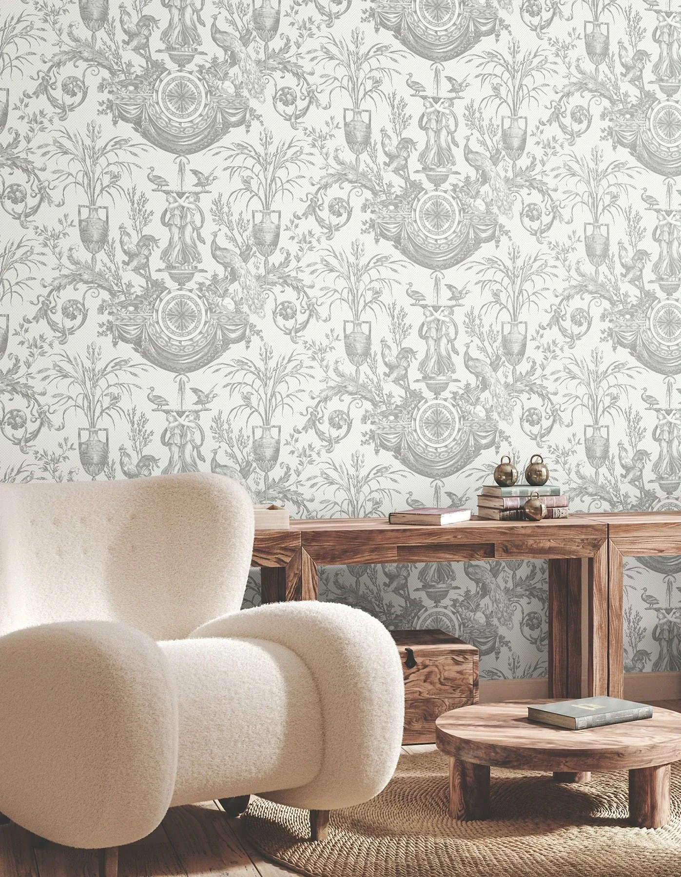 York Wallcoverings Avian Fountain Toile Grey Wallpaper | Wallpaper Twins York Wallcoverings Avian Fountain Toile Grey Wallpaper - SKU RT7815