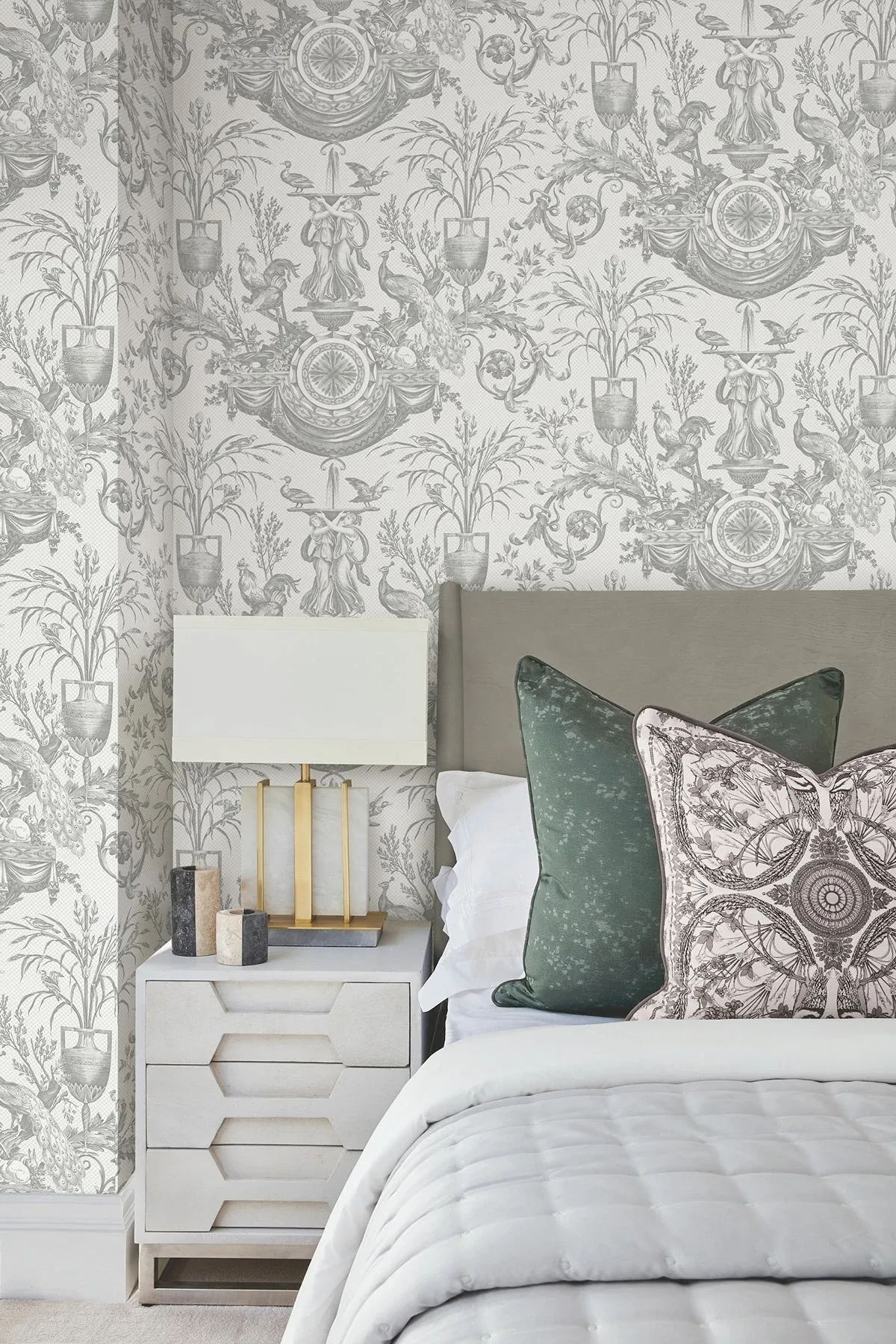 York Wallcoverings Avian Fountain Toile Grey Wallpaper | Wallpaper Twins York Wallcoverings Avian Fountain Toile Grey Wallpaper - SKU RT7815