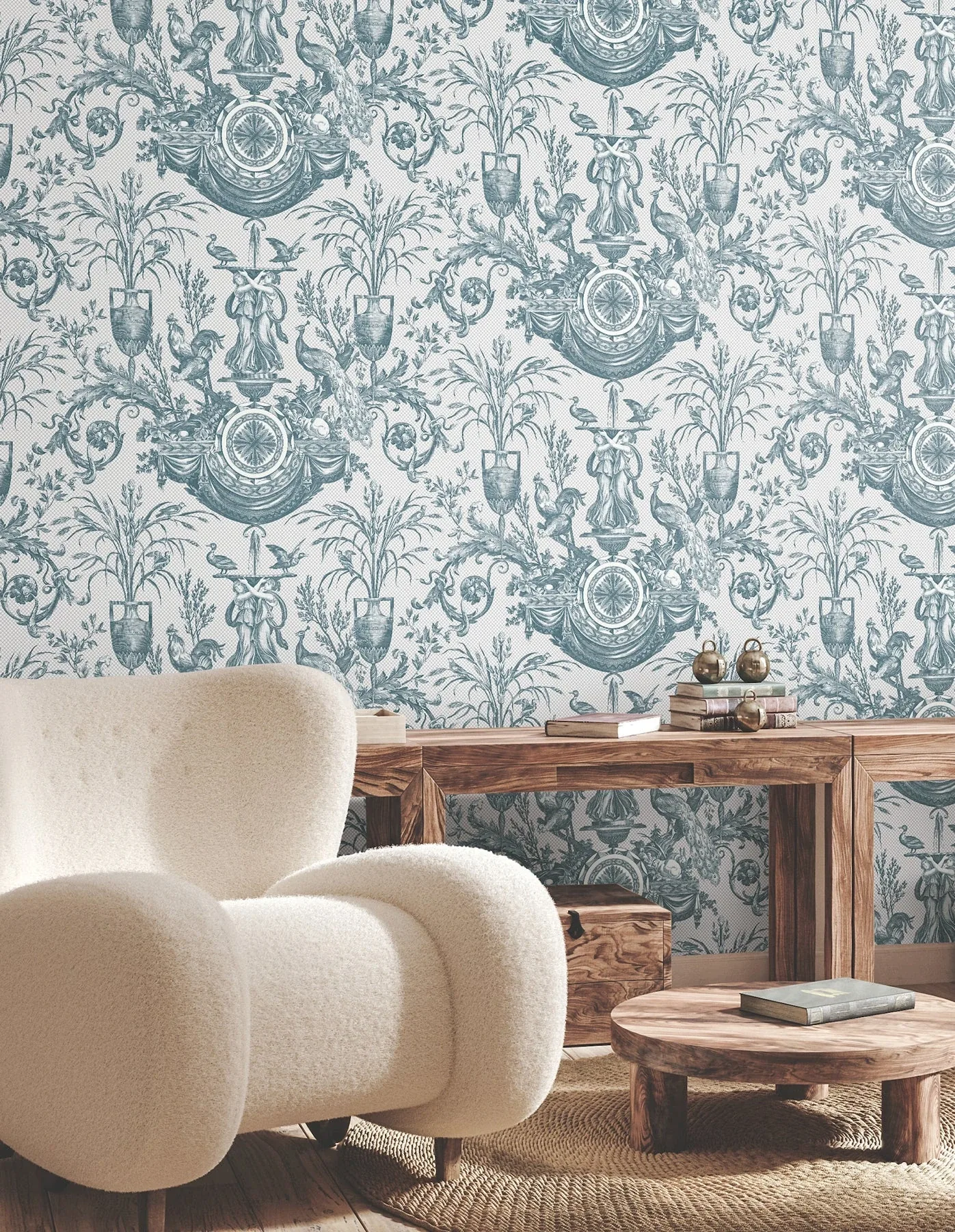 York Wallcoverings Avian Fountain Toile Jade Wallpaper | Wallpaper Twins York Wallcoverings Avian Fountain Toile Jade Wallpaper - SKU RT7811