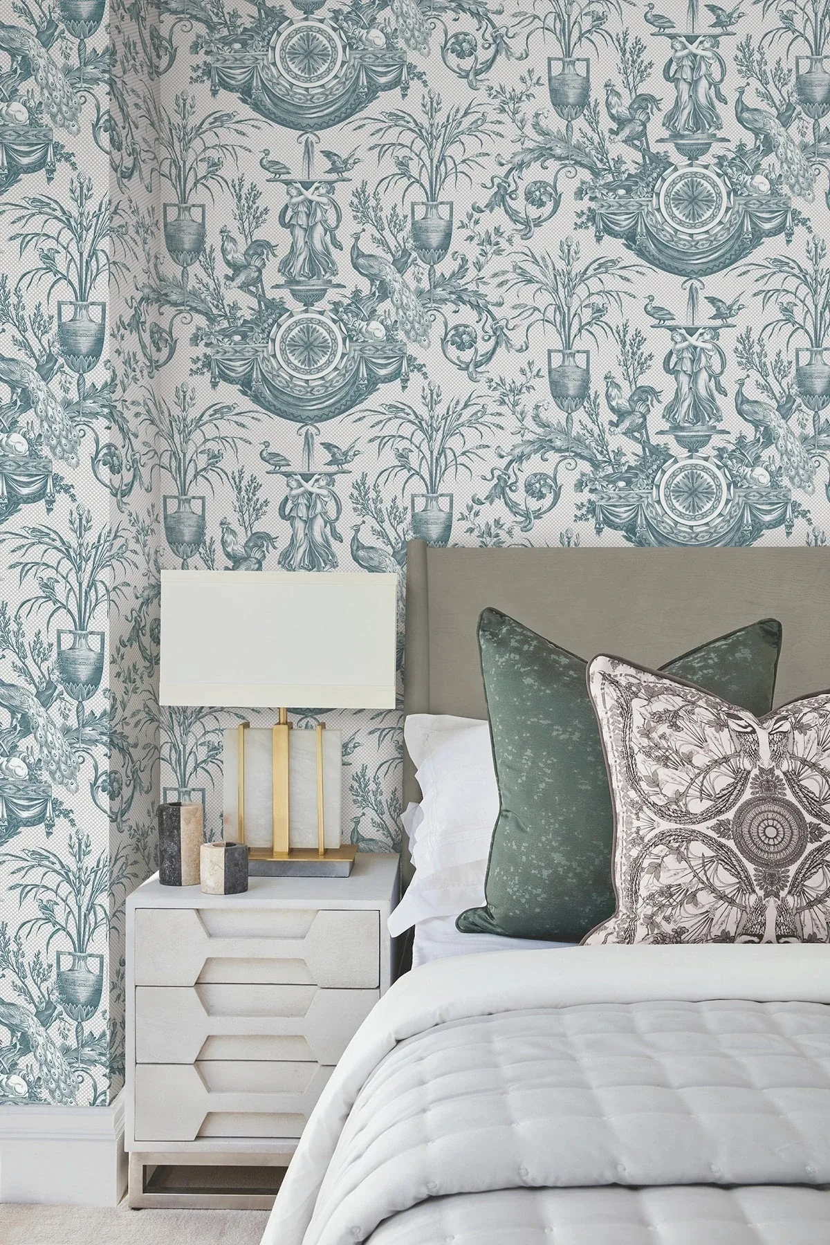 York Wallcoverings Avian Fountain Toile Jade Wallpaper | Wallpaper Twins York Wallcoverings Avian Fountain Toile Jade Wallpaper - SKU RT7811
