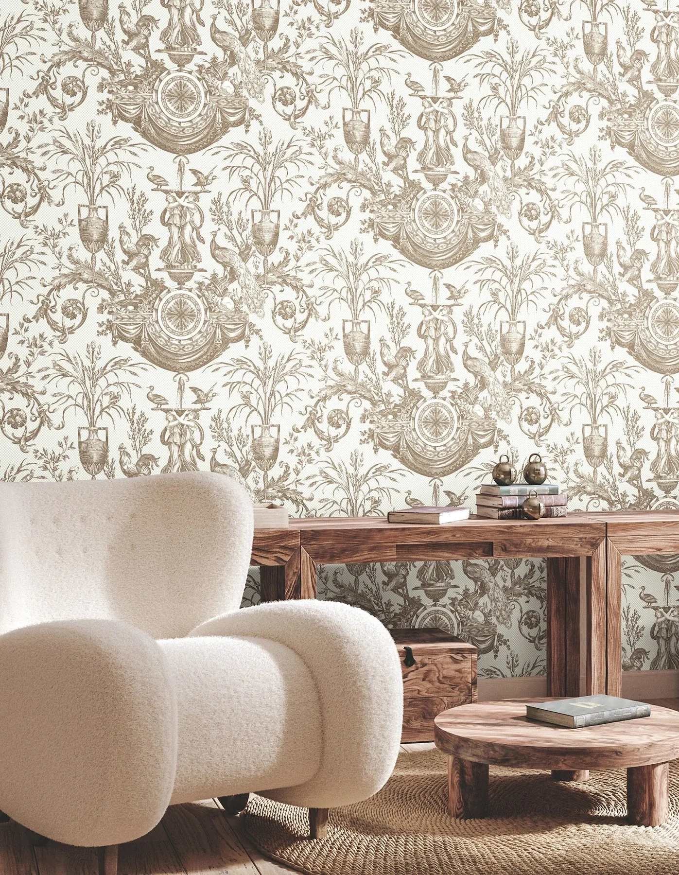 York Wallcoverings Avian Fountain Toile Mink Wallpaper | Wallpaper Twins York Wallcoverings Avian Fountain Toile Mink Wallpaper - SKU RT7812