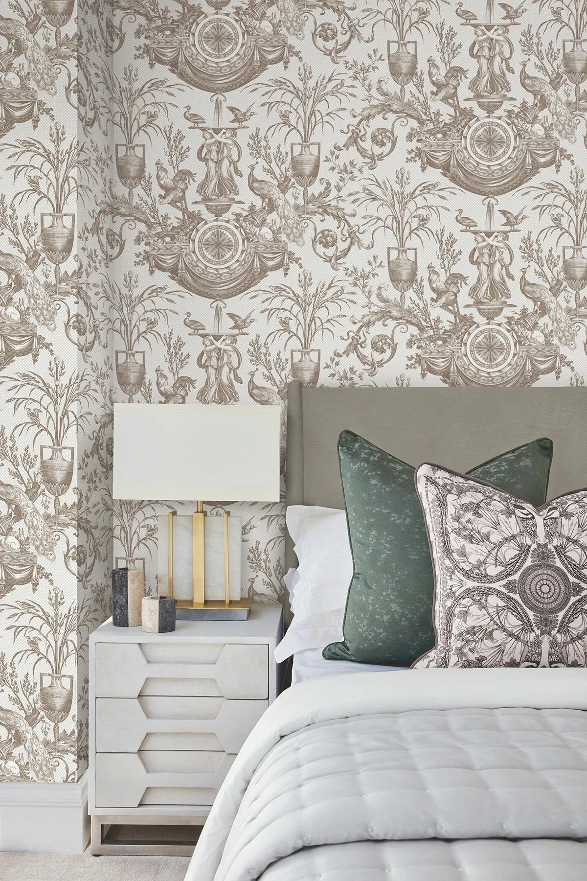 York Wallcoverings Avian Fountain Toile Mink Wallpaper | Wallpaper Twins York Wallcoverings Avian Fountain Toile Mink Wallpaper - SKU RT7812