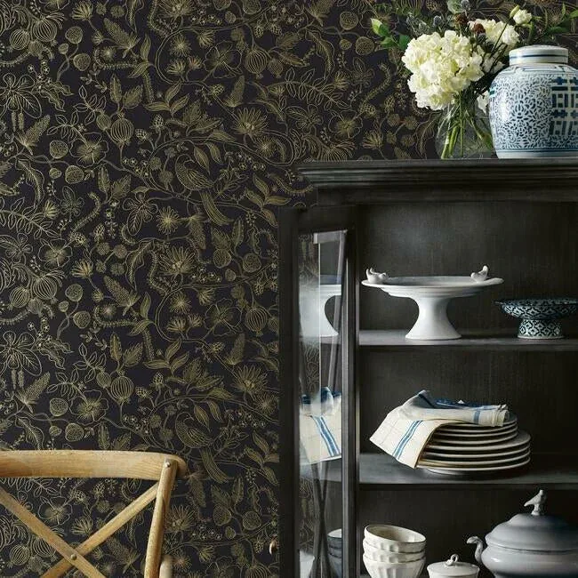 York Wallcoverings Aviary Black & Gold Peel & Stick Wallpaper | Wallpaper Twins York Wallcoverings Aviary Black & Gold Peel & Stick Wallpaper - SKU PSW1310RL