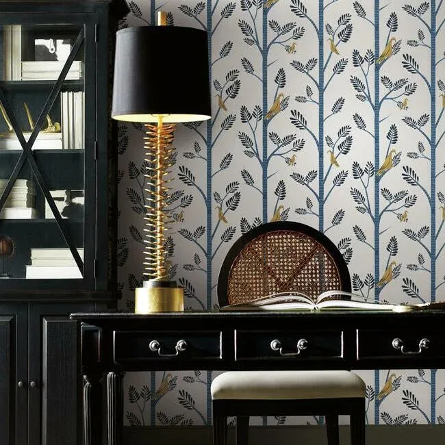 York Wallcoverings Aviary Branch Blue & Yellow Peel & Stick Wallpaper | Wallpaper Twins York Wallcoverings Aviary Branch Blue & Yellow Peel & Stick Wallpaper - SKU PSW1236RL