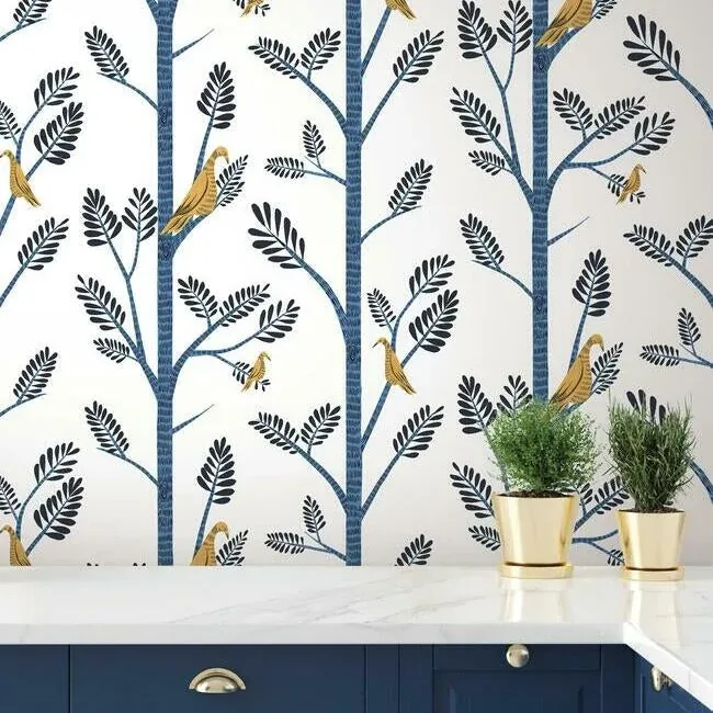 York Wallcoverings Aviary Branch Blue & Yellow Peel & Stick Wallpaper | Wallpaper Twins York Wallcoverings Aviary Branch Blue & Yellow Peel & Stick Wallpaper - SKU PSW1236RL