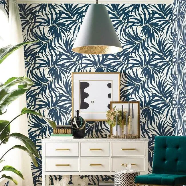 York Wallcoverings Bali Leaves Blue Peel & Stick Wallpaper - SKU PSW1030RL