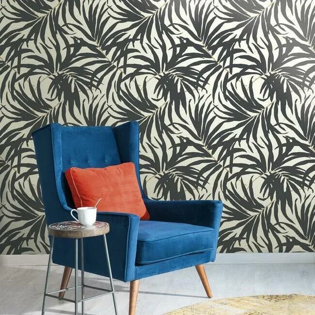 York Wallcoverings Bali Leaves Off White & Dark Grey Wallpaper | Wallpaper Twins York Wallcoverings Bali Leaves Off White & Dark Grey Wallpaper - SKU AT7056