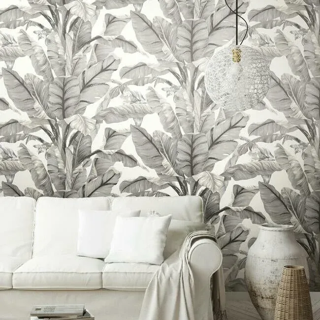 York Wallcoverings Banana Leaf White & Black Peel & Stick Wallpaper - SKU PSW1037RL