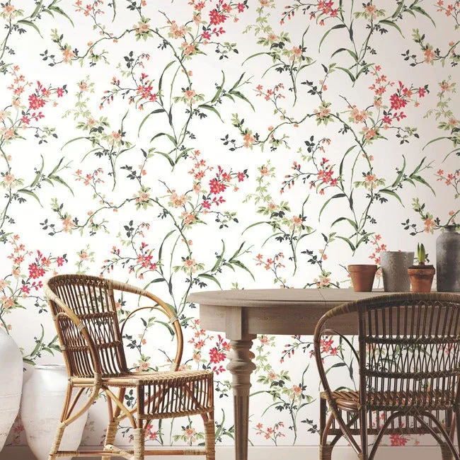 York Wallcoverings Blossom Branches White & Red Wallpaper - SKU BL1741