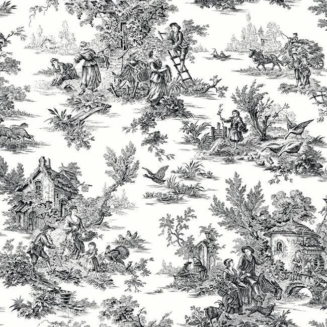 York Wallcoverings Campagne Toile Black & White Wallpaper - SKU AT4228