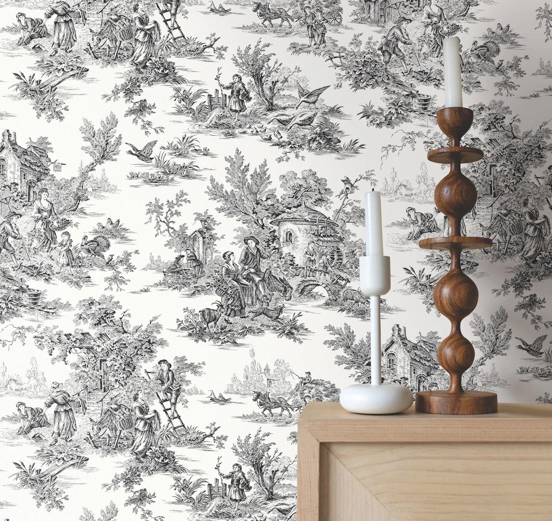 York Wallcoverings Campagne Toile Black & White Wallpaper - SKU AT4228